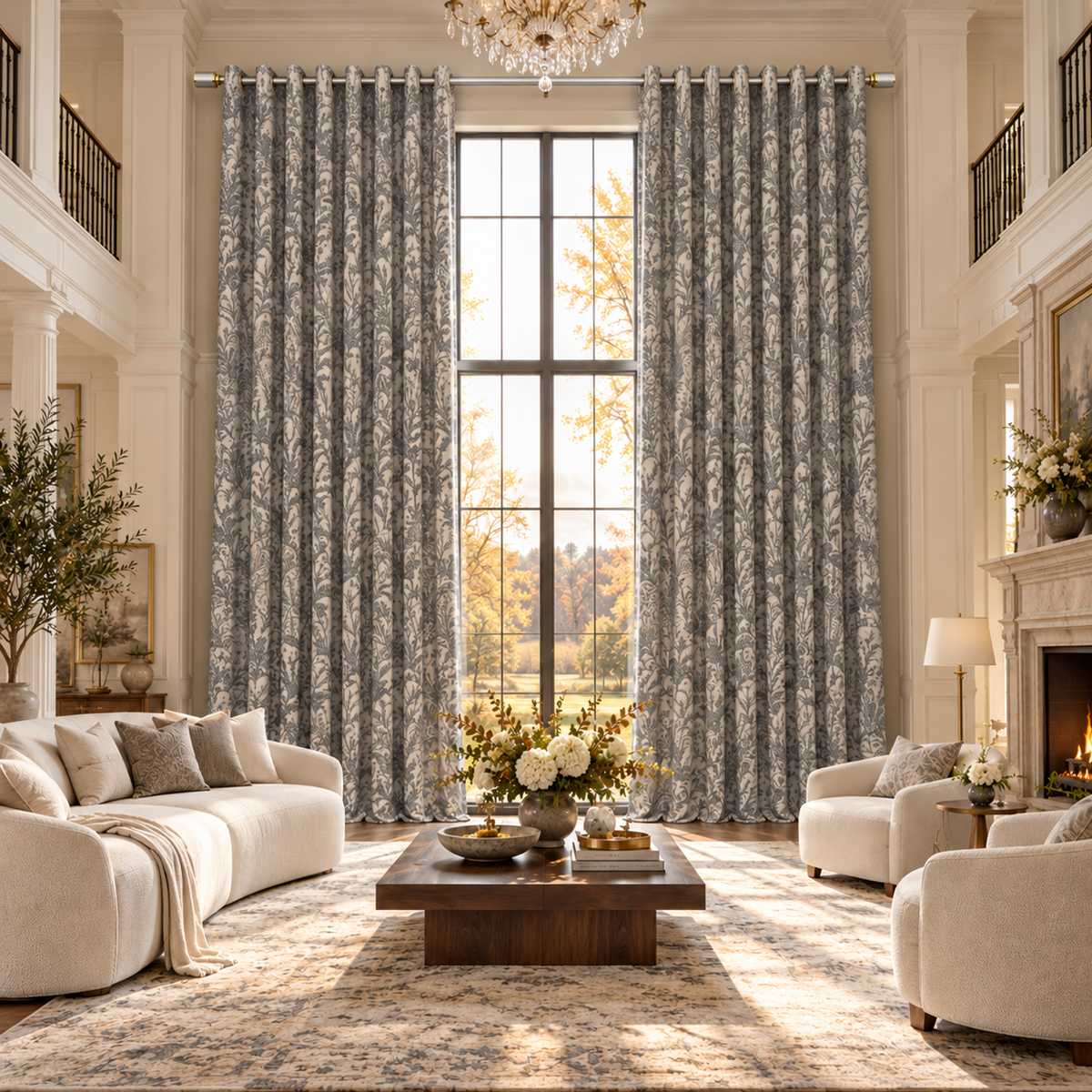 Custom Gray Botanical Wool-Blend Room Darkening Grommet Curtains – 2 Panels