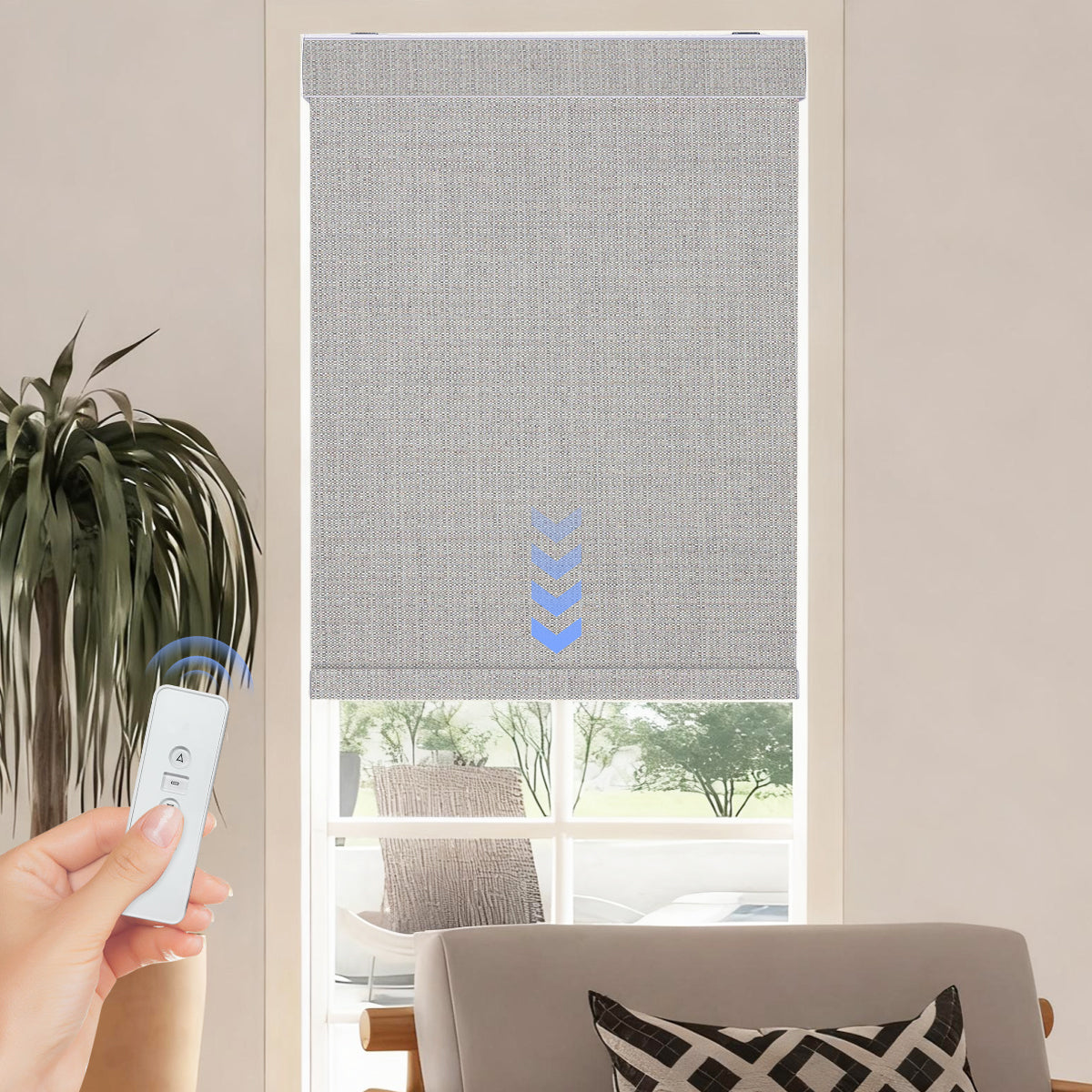 Remote Control Motorized Blackout Roller Shades in Modern Living Room