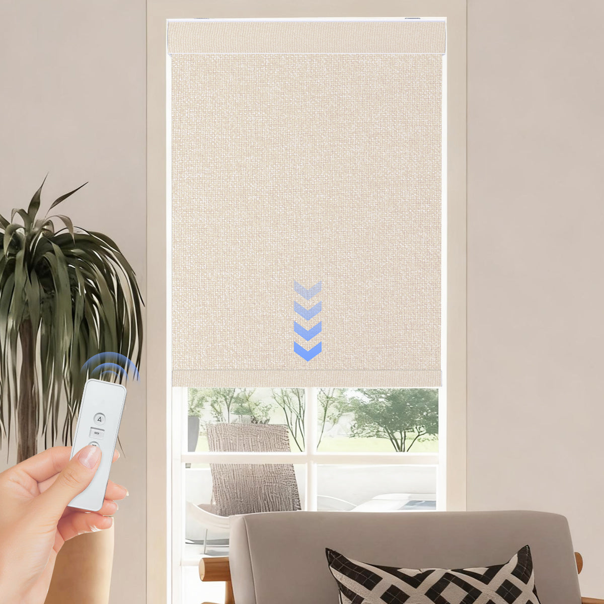 Smart Motorized Blackout Roller Shades in Modern Living Room with Remote Control