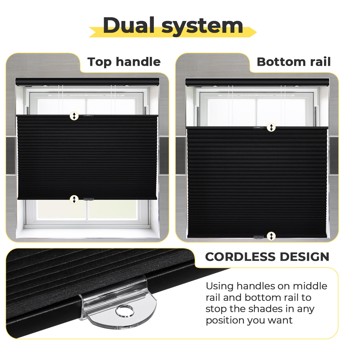 Cordless top down bottom up honeycomb shades showing flexible light control design