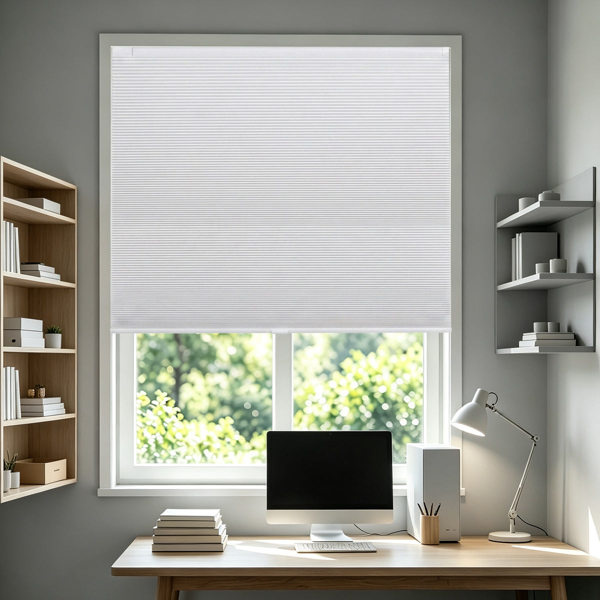White no drill cordless blackout cellular honeycomb blinds for study