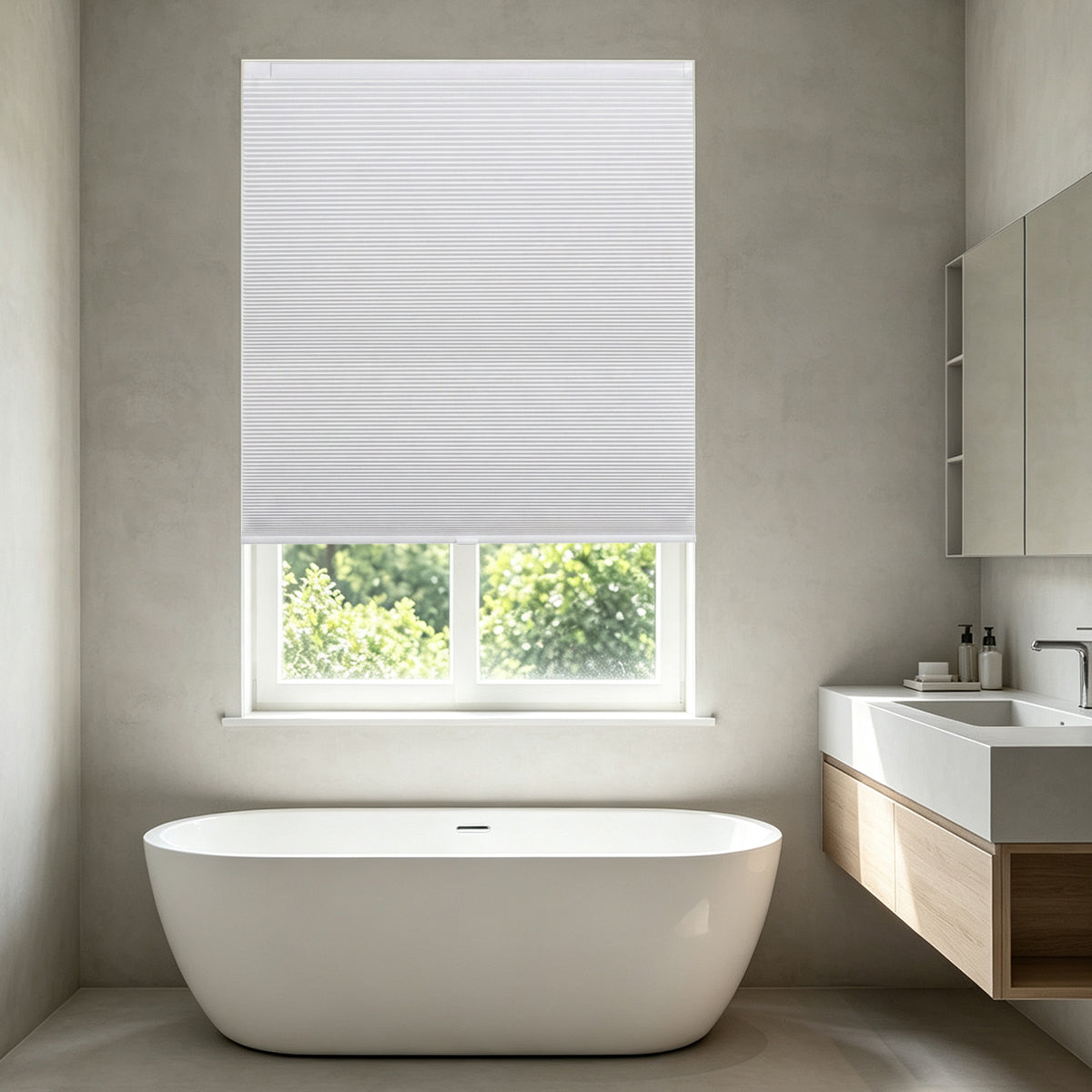 White no drill cordless blackout cellular honeycomb blinds for bathroom