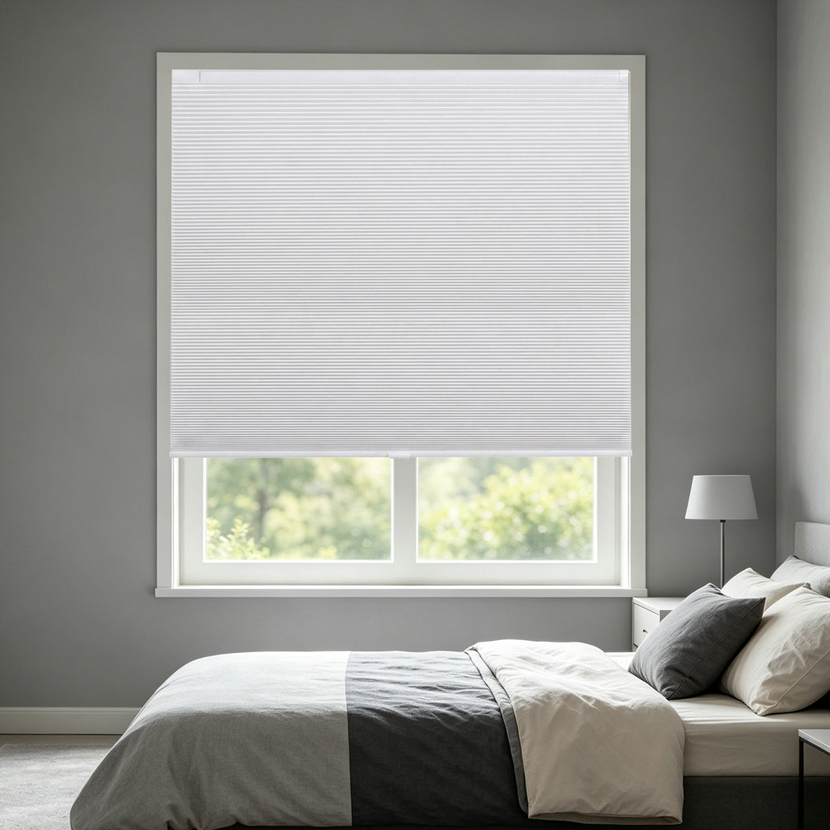 White no drill cordless blackout cellular honeycomb blinds for bedroom