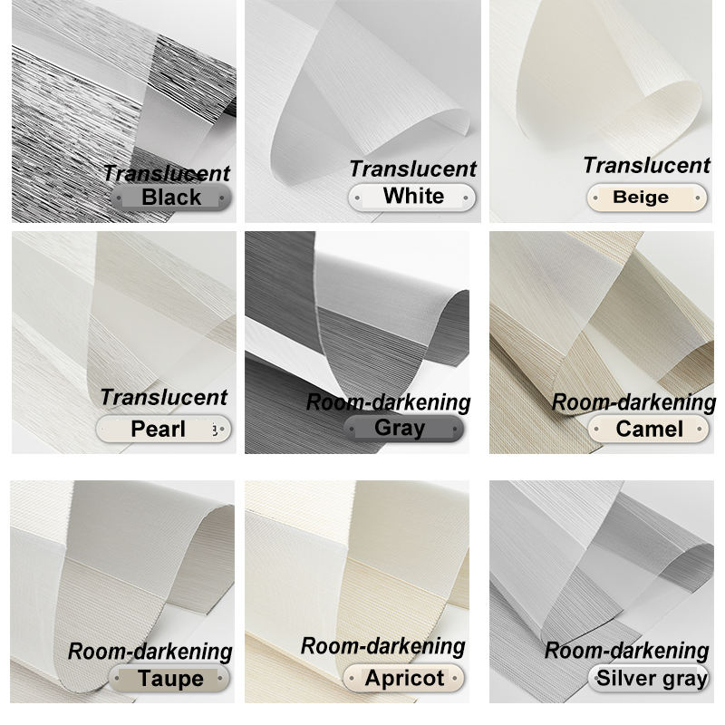 Zebra blinds fabric color swatch collection, translucent and room-darkening window shade material samples in multiple colors